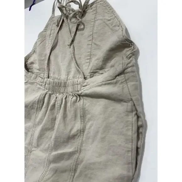 Urban Outfitters Harley Jumpsuit Womens Sz XL Khaki Linen Blend Tie Overalls - Picture 8 of 9